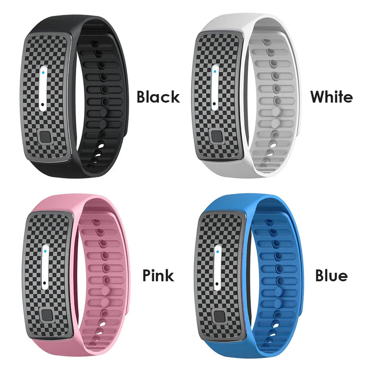 Unisex Ultrasonic Mosquito Repellent Bracelet in black, blue, or pink; sleek USB rechargeable design for stylish protection.