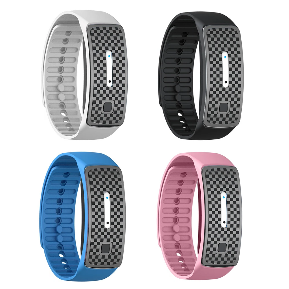 Unisex Ultrasonic Mosquito Repellent Bracelet in black, blue, or pink; sleek USB rechargeable design for stylish protection.