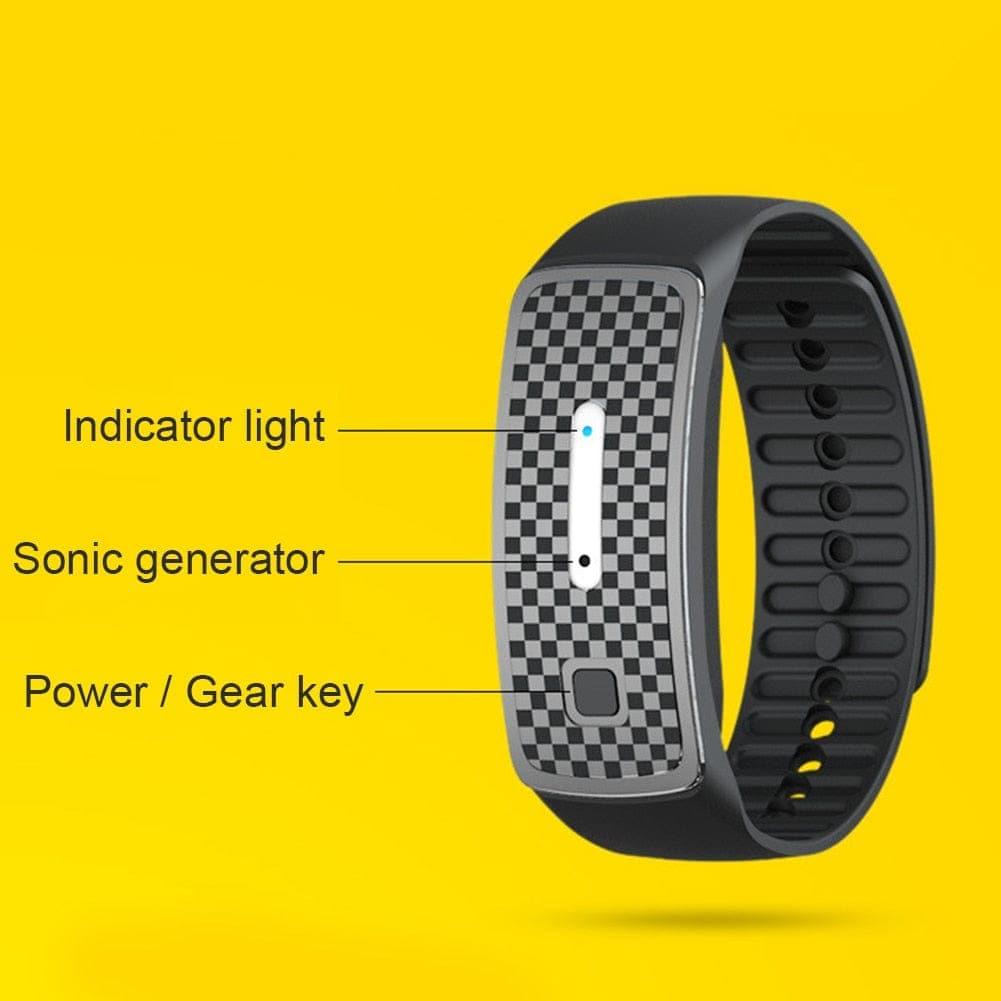 Unisex Ultrasonic Mosquito Repellent Bracelet in black, blue, or pink; sleek USB rechargeable design for stylish protection.