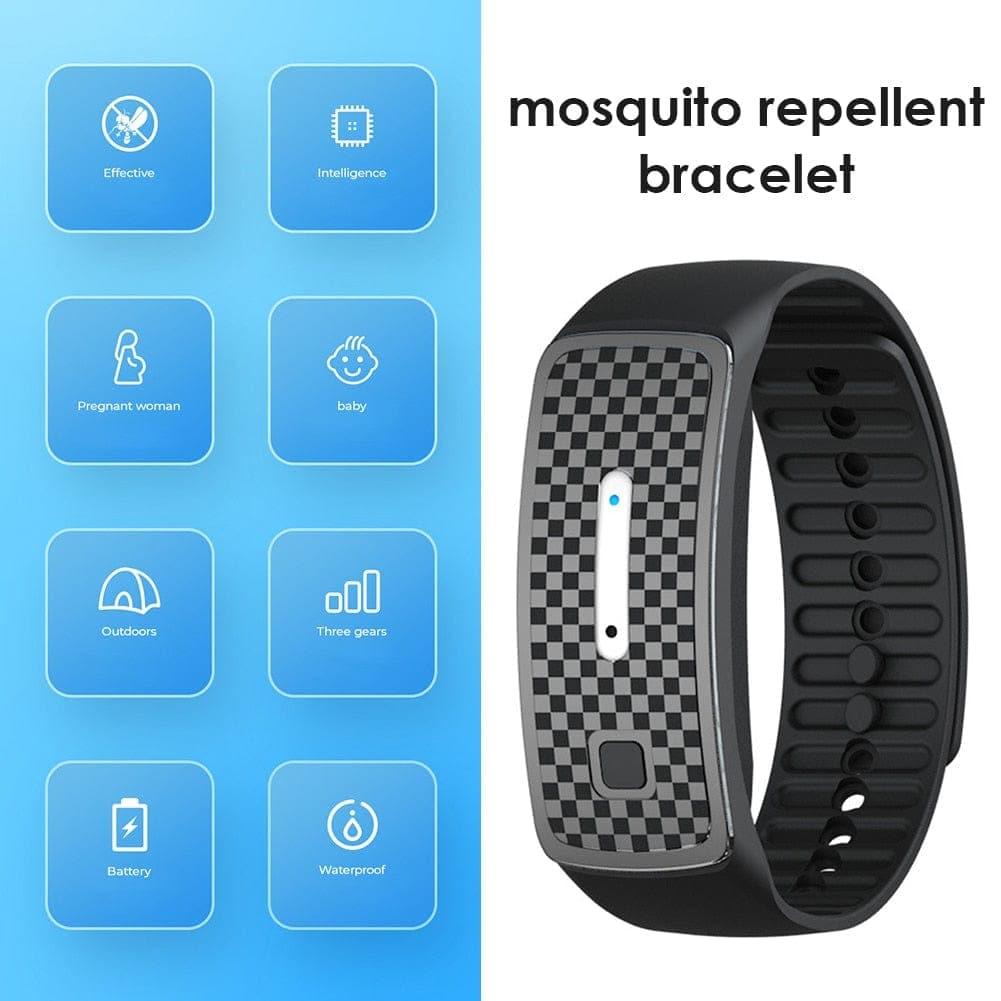 Unisex Ultrasonic Mosquito Repellent Bracelet in black, blue, or pink; sleek USB rechargeable design for stylish protection.