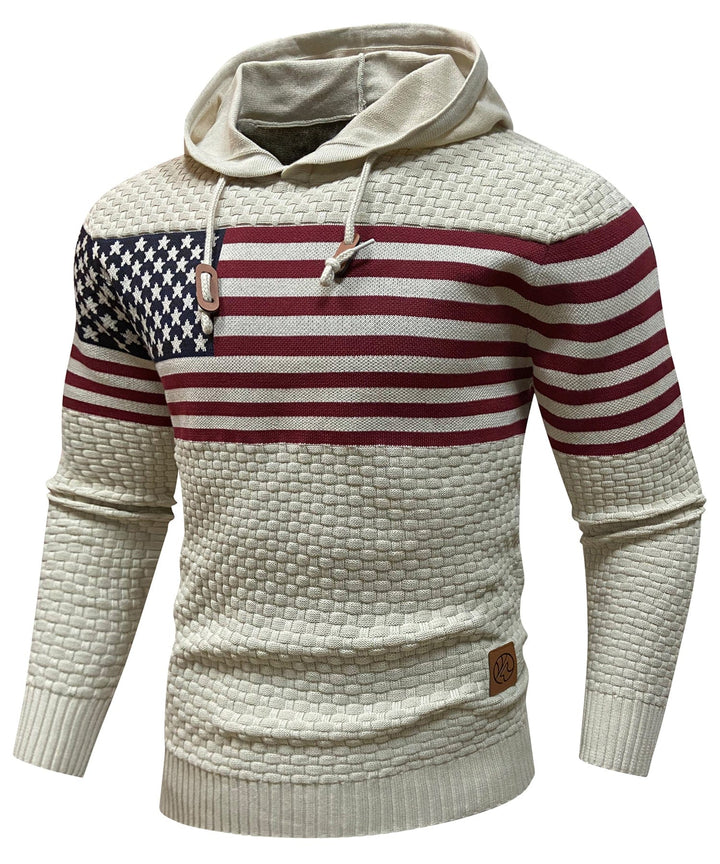 Close-up of US flag print on heavyweight hoodie fabric, showcasing detailed stars/stripes on cotton blend