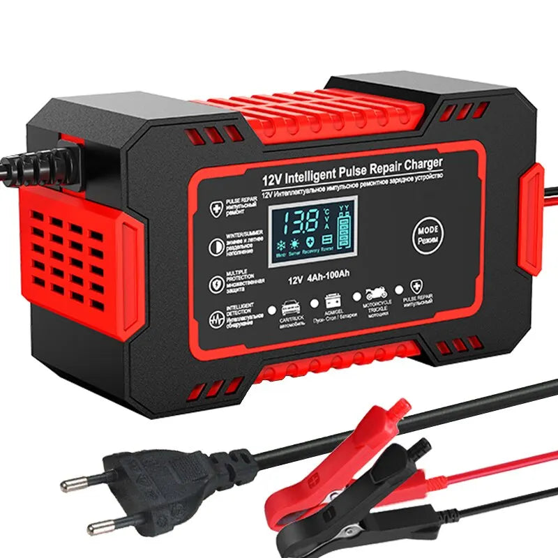Universal 12V 6A battery charger with LCD, suitable for cars and motorcycles, showcasing fast, efficient charging features.