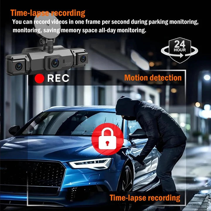 Multi-view 4-camera WiFi dash cam for full vehicle security. Front, rear, sides. Night vision & G-sensor.