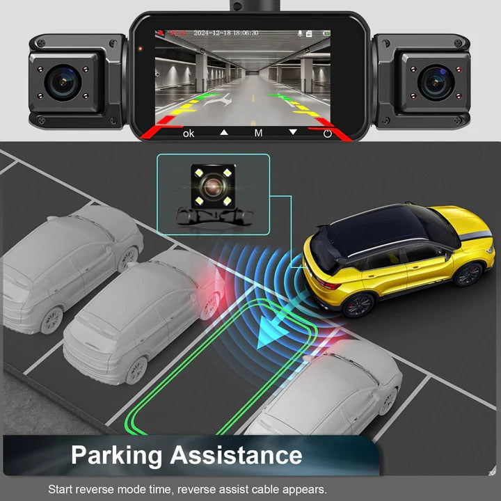 Universal 4-channel WiFi dash cam. Front & rear views, parking monitor, G-sensor, night vision for security.