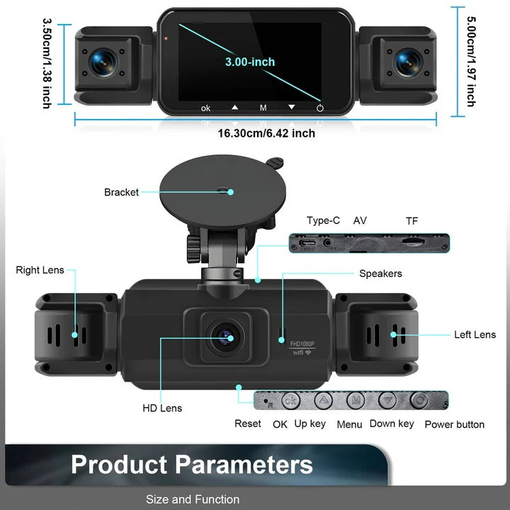 Universal 4-camera WiFi dash cam. Full vehicle security, front/rear recording, parking monitor, night vision.