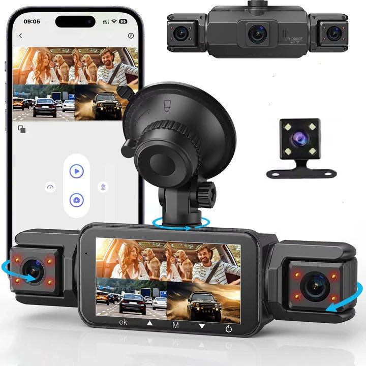Driving recorder: Universal 4-camera WiFi dash cam. Front, rear, & side views, G-sensor, night vision.