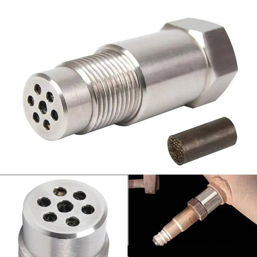 Universal car check engine light eliminator adapter with mini CAT, stainless steel, dual-thread fit, easy four-step install.