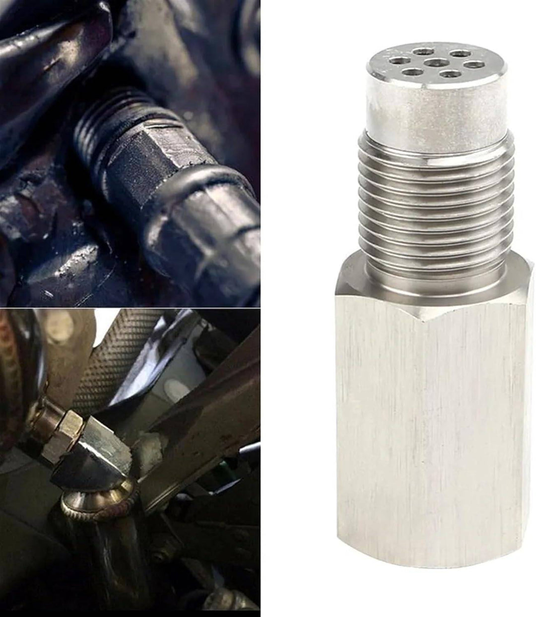 Universal car check engine light eliminator adapter with mini CAT, stainless steel, dual-thread fit, easy four-step install.