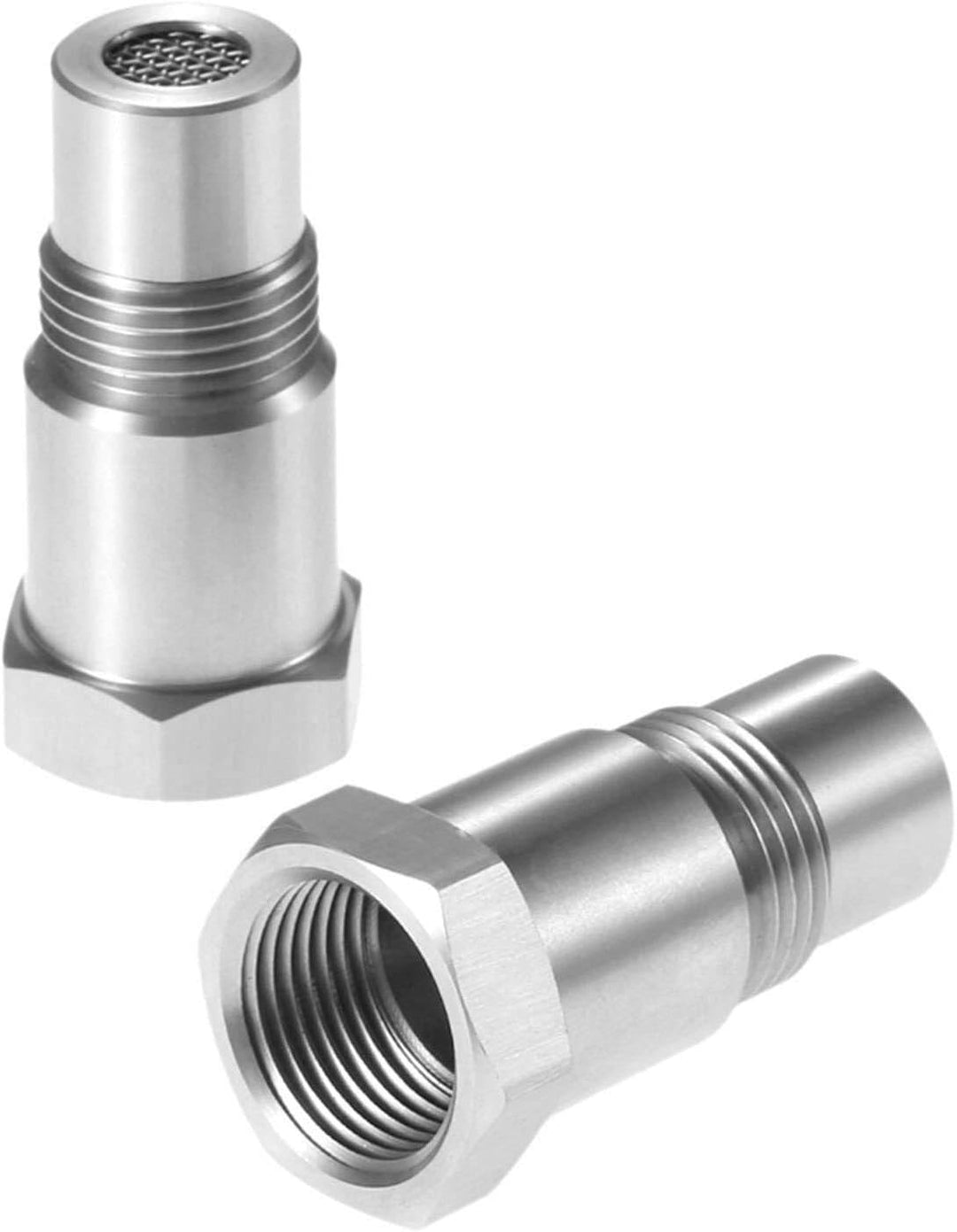 Universal car check engine light eliminator adapter with mini CAT, stainless steel, dual-thread fit, easy four-step install.