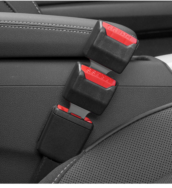 "Universal car seat belt clip extender, 2 pack, black, durable plastic and metal, easy installation for enhanced safety."