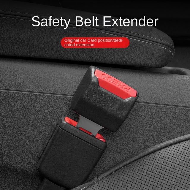 "Universal car seat belt clip extender, 2 pack, black, durable plastic and metal, easy installation for enhanced safety."