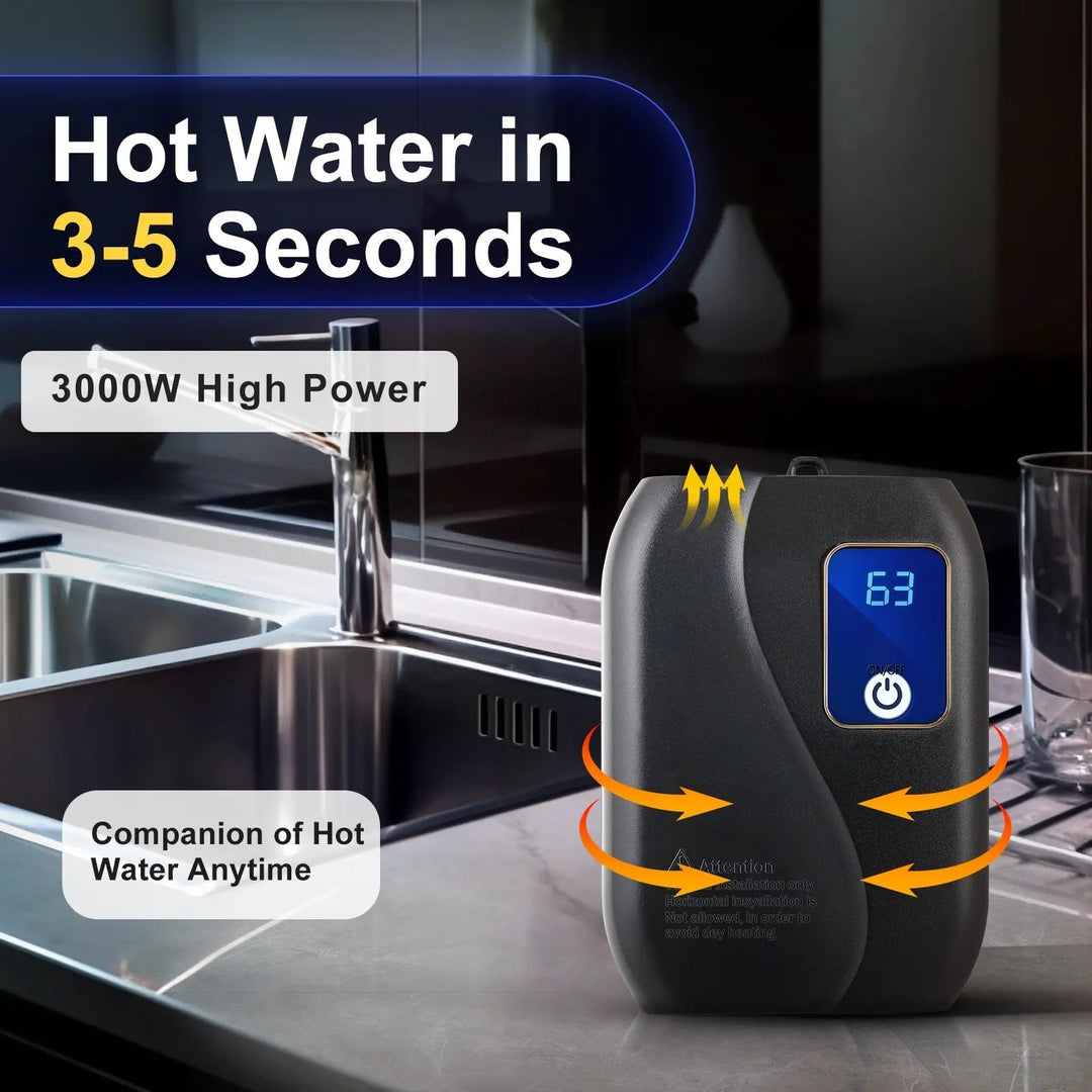 Digital display of a TavvitaImp009 tankless water heater, showing temperature settings for instant hot water.