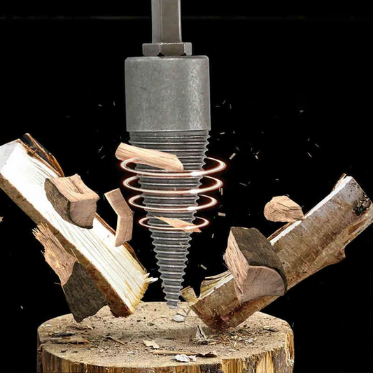 "Universal Shank Firewood Drill Bit in use on wood log, showcasing non-slip design for easy and efficient wood splitting."