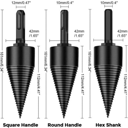 "Universal Shank Firewood Drill Bit in use on wood log, showcasing non-slip design for easy and efficient wood splitting."