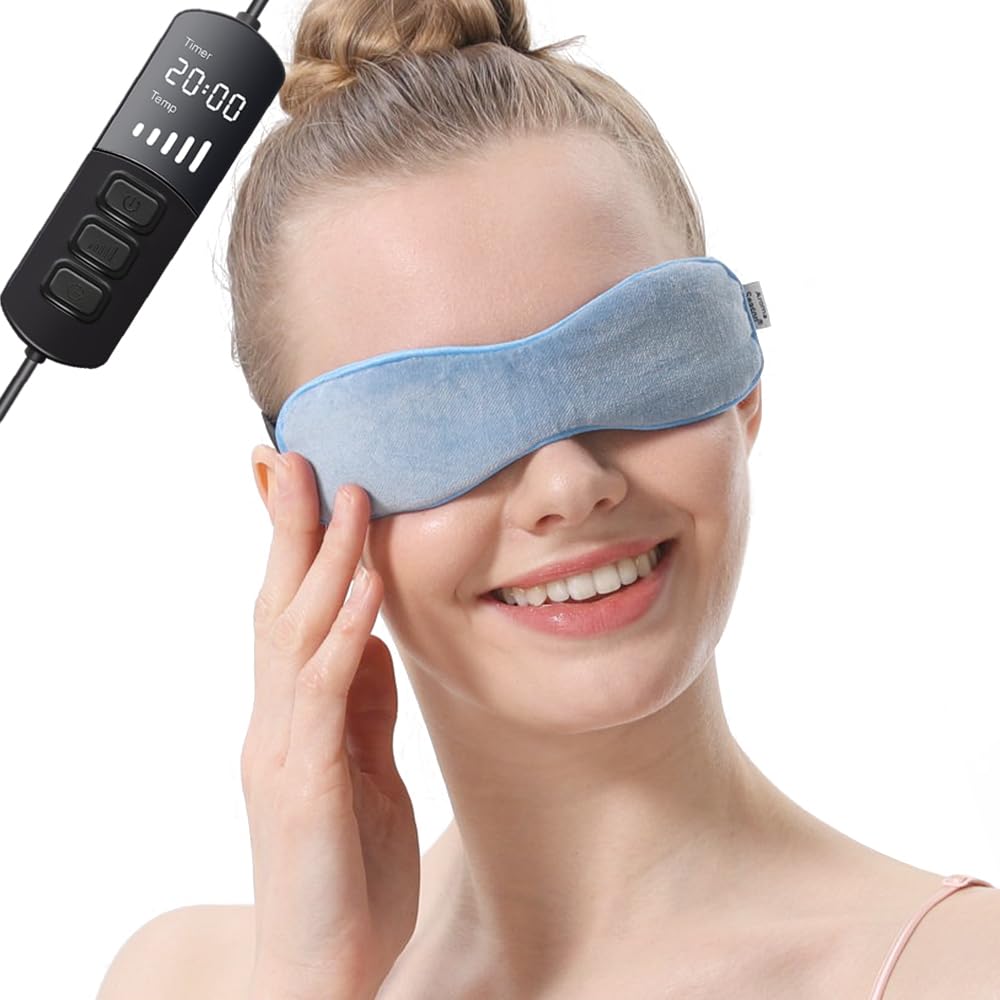 "USB-Powered Eye Heating Pad Mask for dry eyes, soft cotton, blue, with adjustable settings and USB cable."
