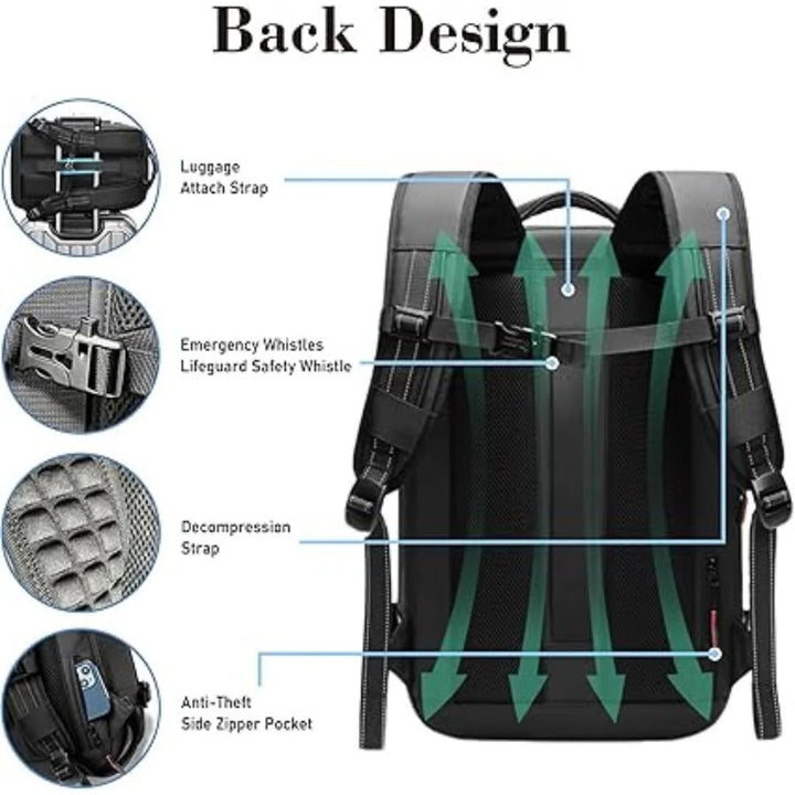 Versatile compression travel backpack in dark gray, designed for men and women; ideal for travel and daily commuting.