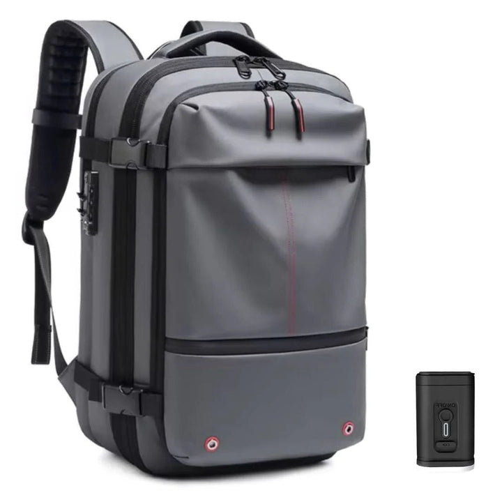 Versatile compression travel backpack in dark gray, designed for men and women; ideal for travel and daily commuting.