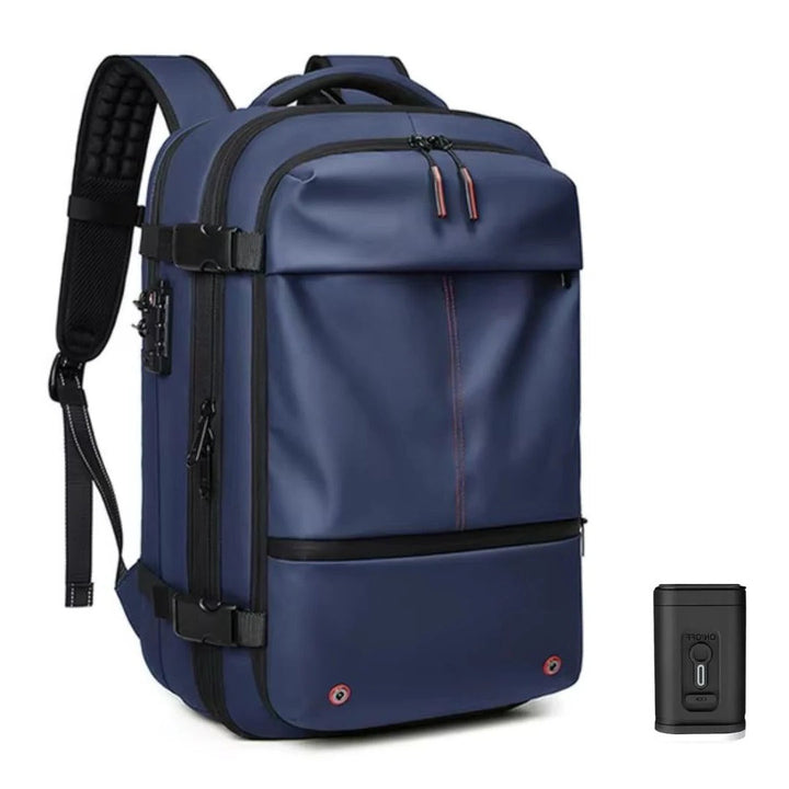 Versatile compression travel backpack in dark gray, designed for men and women; ideal for travel and daily commuting.