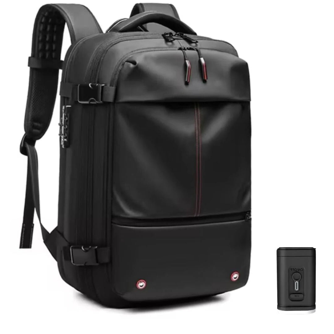 Versatile compression travel backpack in dark gray, designed for men and women; ideal for travel and daily commuting.
