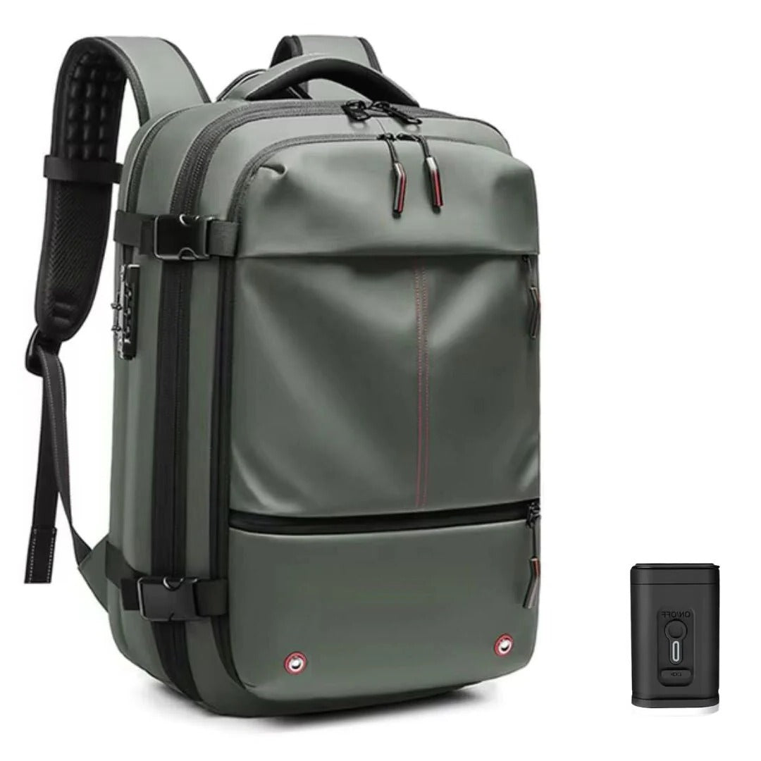 Versatile compression travel backpack in dark gray, designed for men and women; ideal for travel and daily commuting.