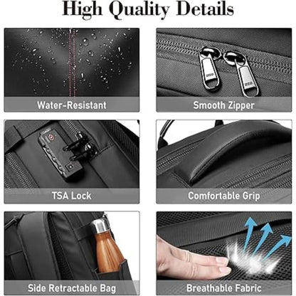 Versatile compression travel backpack in dark gray, designed for men and women; ideal for travel and daily commuting.