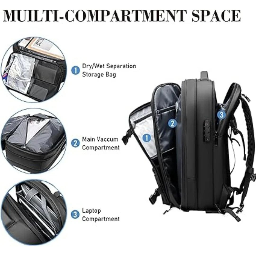 Versatile compression travel backpack in dark gray, designed for men and women; ideal for travel and daily commuting.