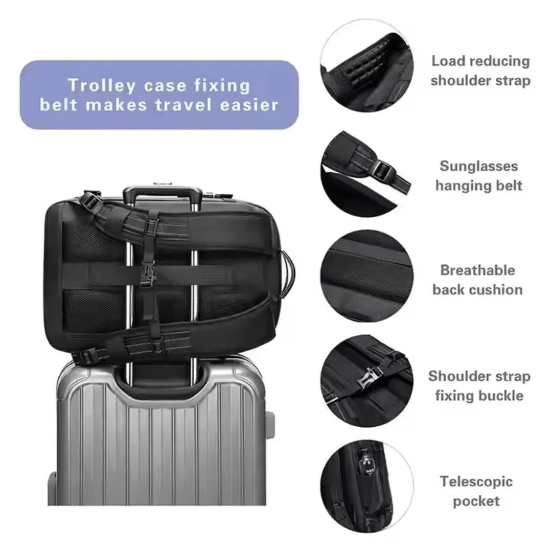Versatile compression travel backpack in dark gray, designed for men and women; ideal for travel and daily commuting.