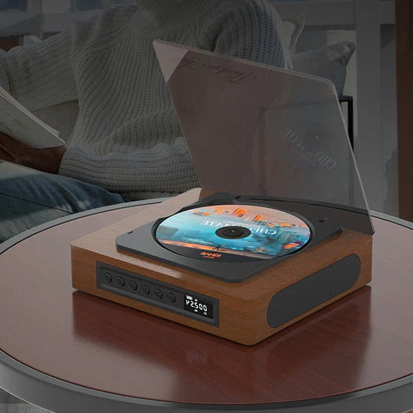 Vintage Bluetooth CD player with stained wood finish, compact, retro design, FM tuner, ideal for streaming and radio.