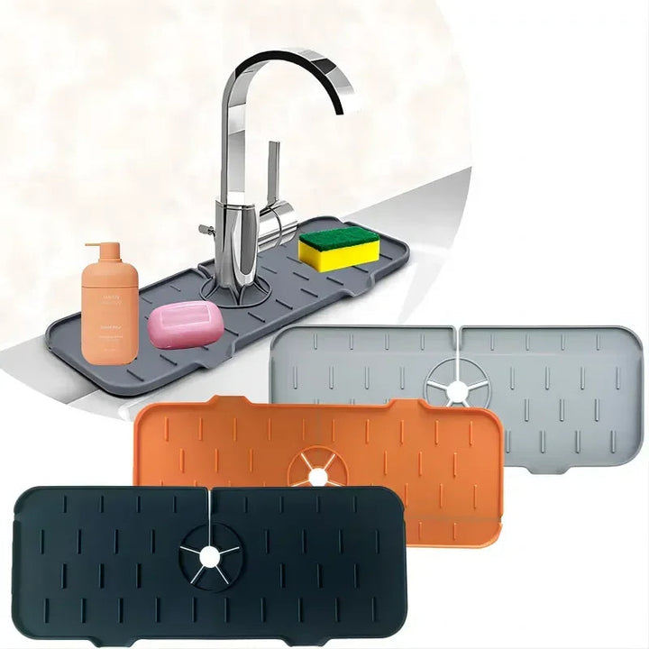"Water-resistant silicone sink splash guard with sleek design, quick-drain feature, and organized soap and sponge storage."