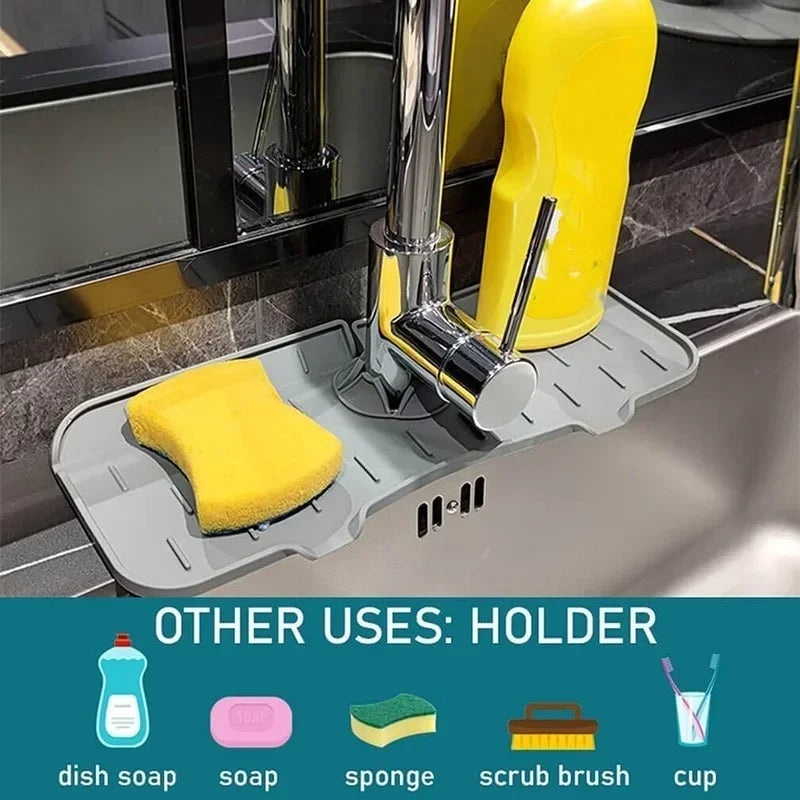 "Water-resistant silicone sink splash guard with sleek design, quick-drain feature, and organized soap and sponge storage."