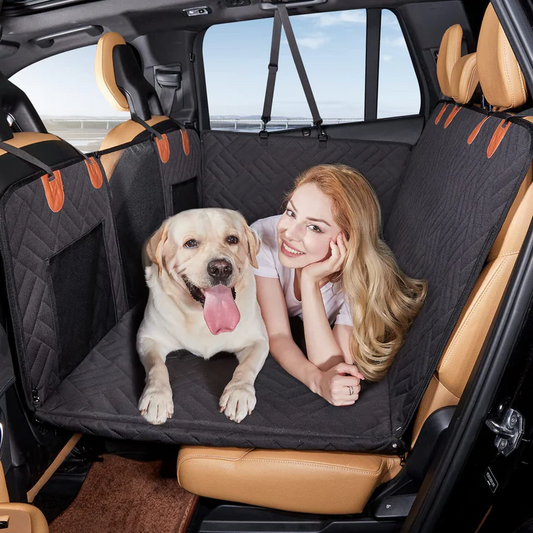 "Waterproof dog car seat cover with hard bottom, shown in a car. Ensures pet safety and comfort during travel."