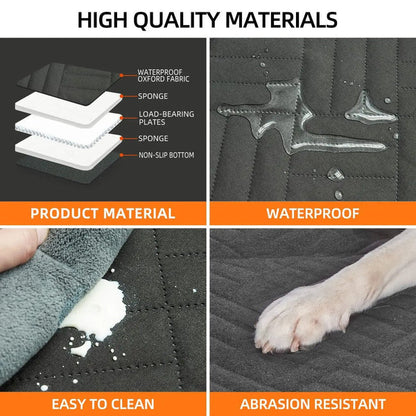 "Waterproof dog car seat cover with hard bottom, shown in a car. Ensures pet safety and comfort during travel."