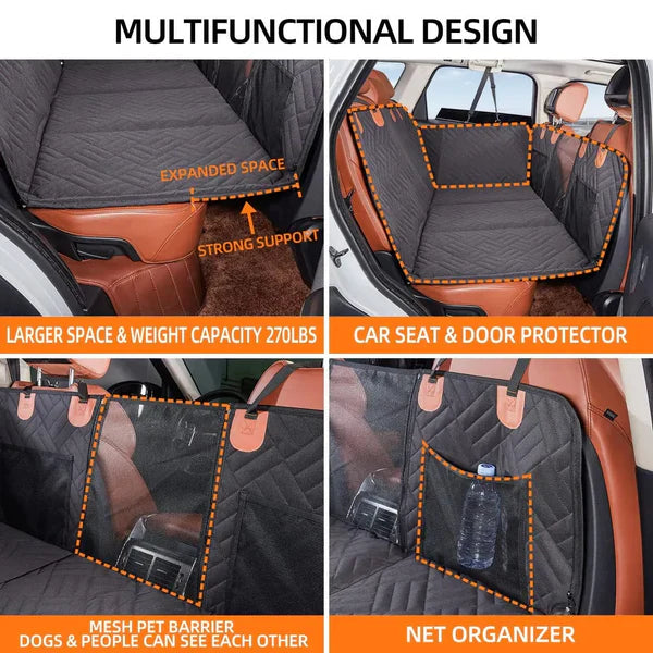 "Waterproof dog car seat cover with hard bottom, shown in a car. Ensures pet safety and comfort during travel."