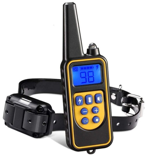 "Waterproof electric dog training collar with remote, 800m range, features multi-mode training and rechargeable LCD display."