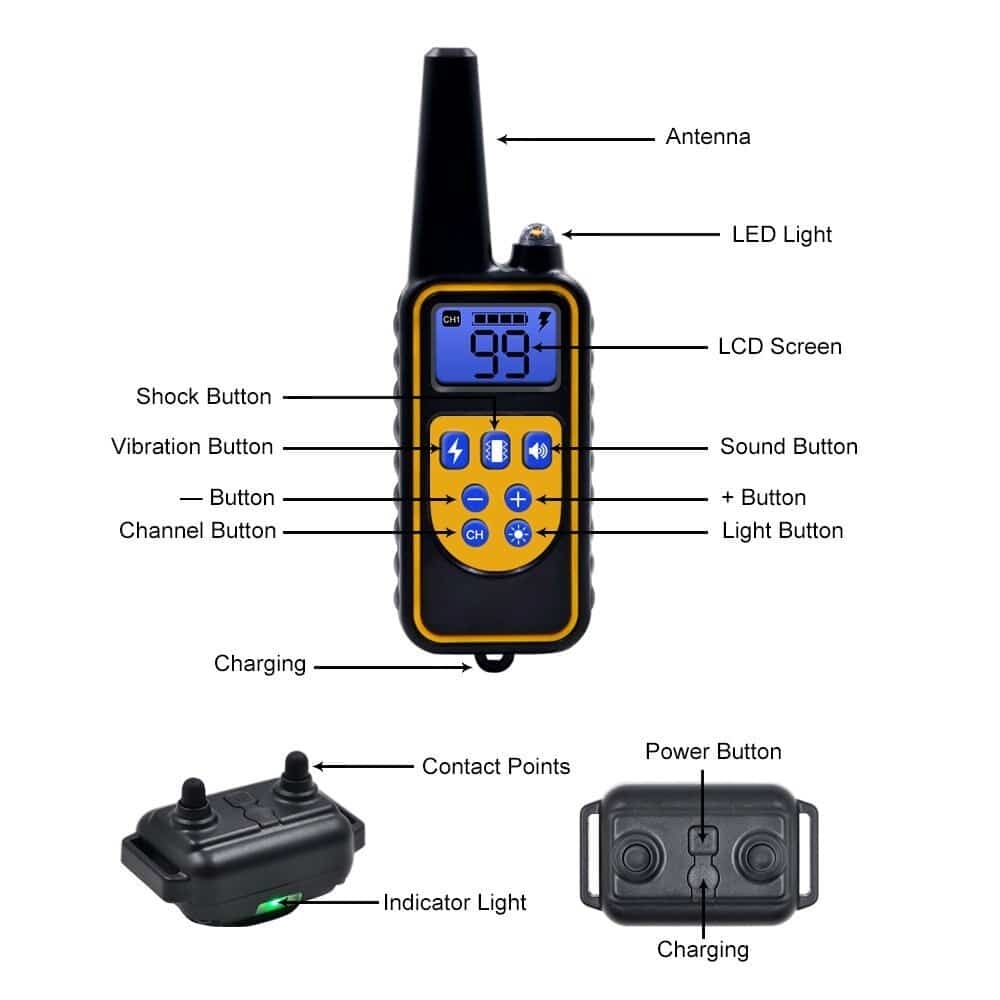 "Waterproof electric dog training collar with remote, 800m range, features multi-mode training and rechargeable LCD display."