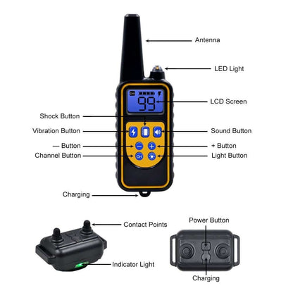 "Waterproof electric dog training collar with remote, 800m range, features multi-mode training and rechargeable LCD display."