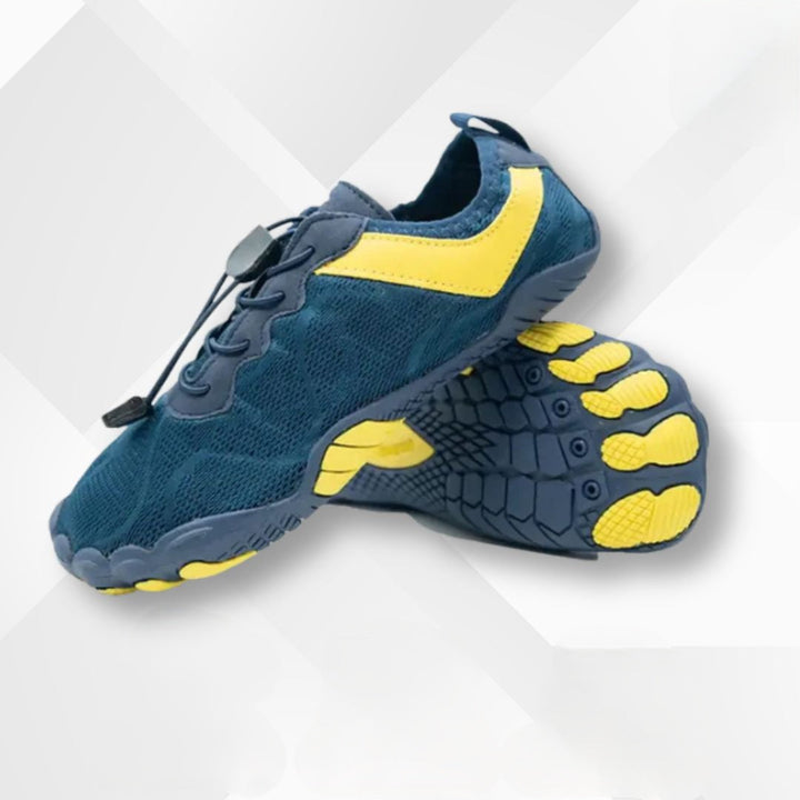 Barefoot orthopedic shoes featuring a flexible sole & wide toe box, waterproof for outdoor adventures.