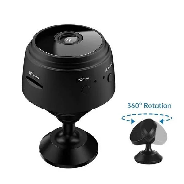 Waterproof wireless RV backup camera, 360° rotation, black with infrared LEDs, mounted on metal surface, enhancing safety.