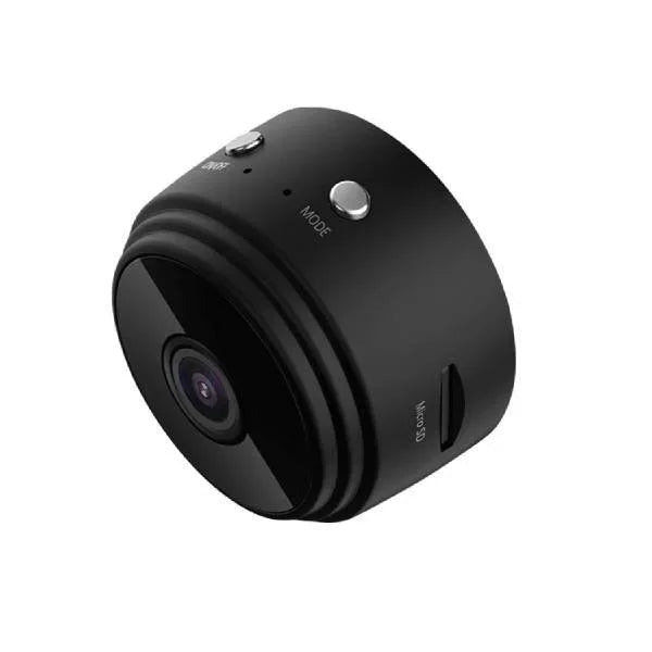 Waterproof wireless RV backup camera, 360° rotation, black with infrared LEDs, mounted on metal surface, enhancing safety.