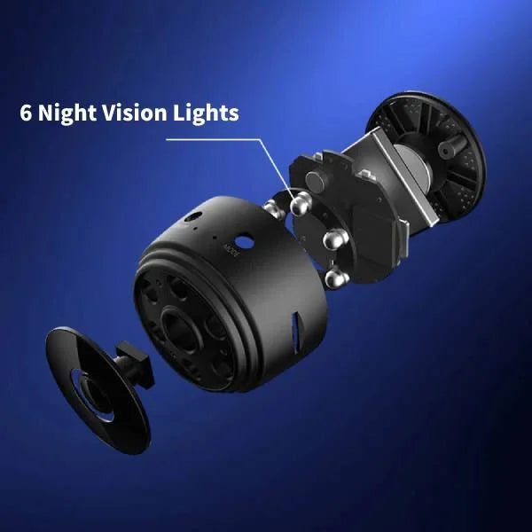 Waterproof wireless RV backup camera, 360° rotation, black with infrared LEDs, mounted on metal surface, enhancing safety.