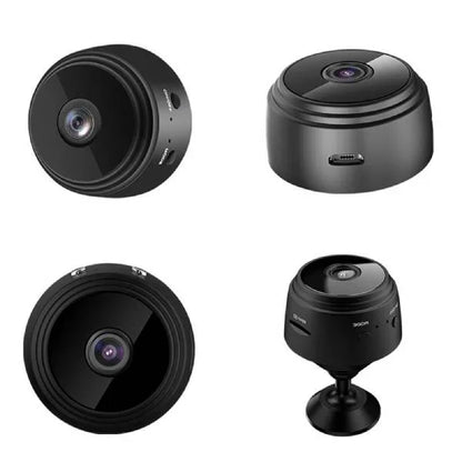 Waterproof wireless RV backup camera, 360° rotation, black with infrared LEDs, mounted on metal surface, enhancing safety.