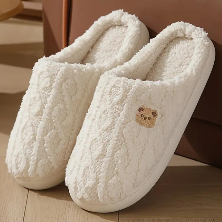 White Claire women's plush indoor slip-on slippers — soft house shoes for spring loungewear, cosy comfortable footwear