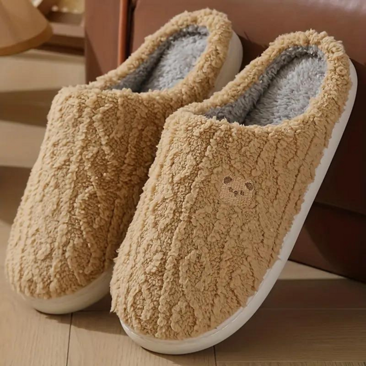 Coffee Claire women's plush indoor slip-on house shoes — cosy spring slippers for loungewear, comfortable footwear UK