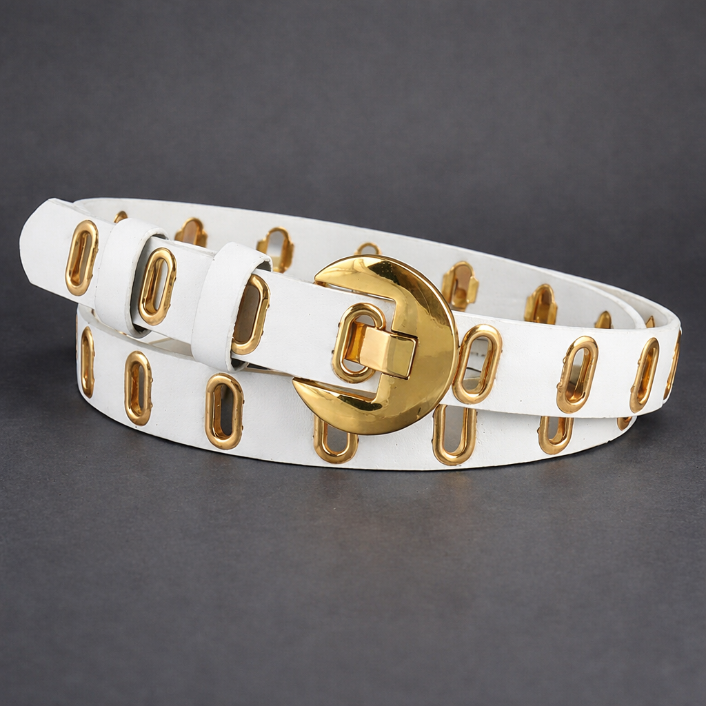 Close-up of a white women's belt, highlighting its delicate hollow out design and polished metal details.