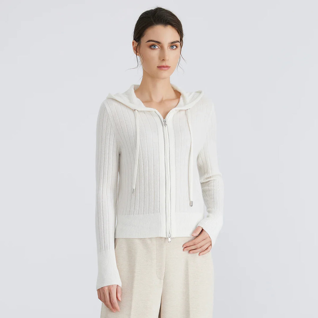 Full-length view of a women's ribbed cardigan with hood and zipper, great for winter layering.