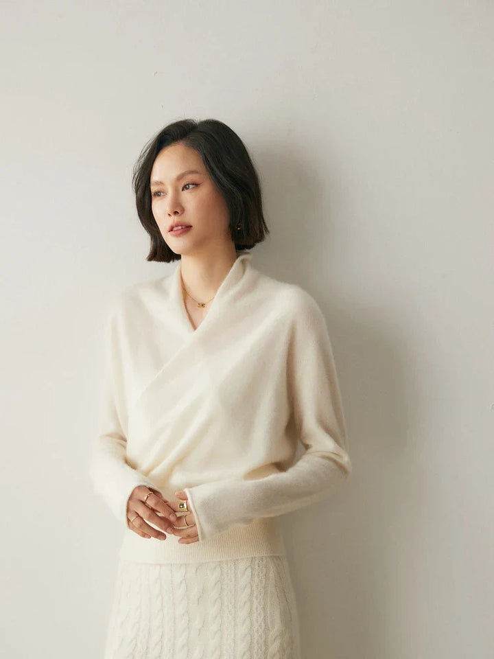 Stylish women's red cashmere crossover sweater, fashion knitwear