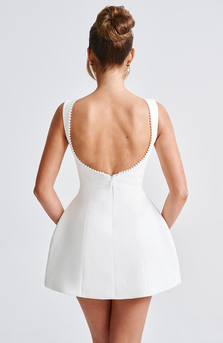 Pearl-trimmed A-line mini dress for women, perfect as a homecoming, cocktail or formal party dress.