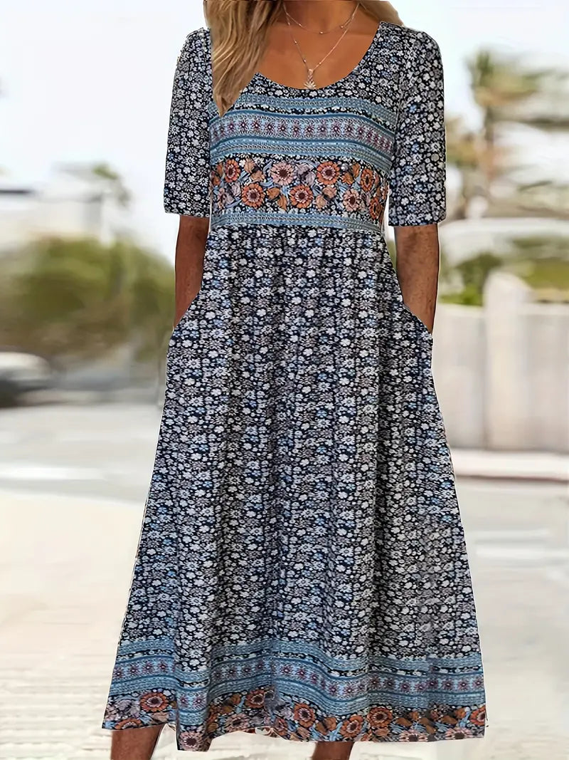 Flowy Women's Bohemian Midi Dress with artistic floral print. Features practical pockets & relaxed fit.