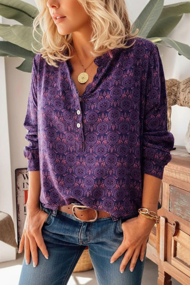 Elegant women's long sleeve blouse featuring a unique artistic vintage print. Versatile for everyday and office style.