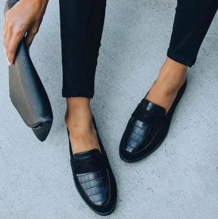Women's black crocodile texture loafers, stylish slip-on dress shoes for fashion.